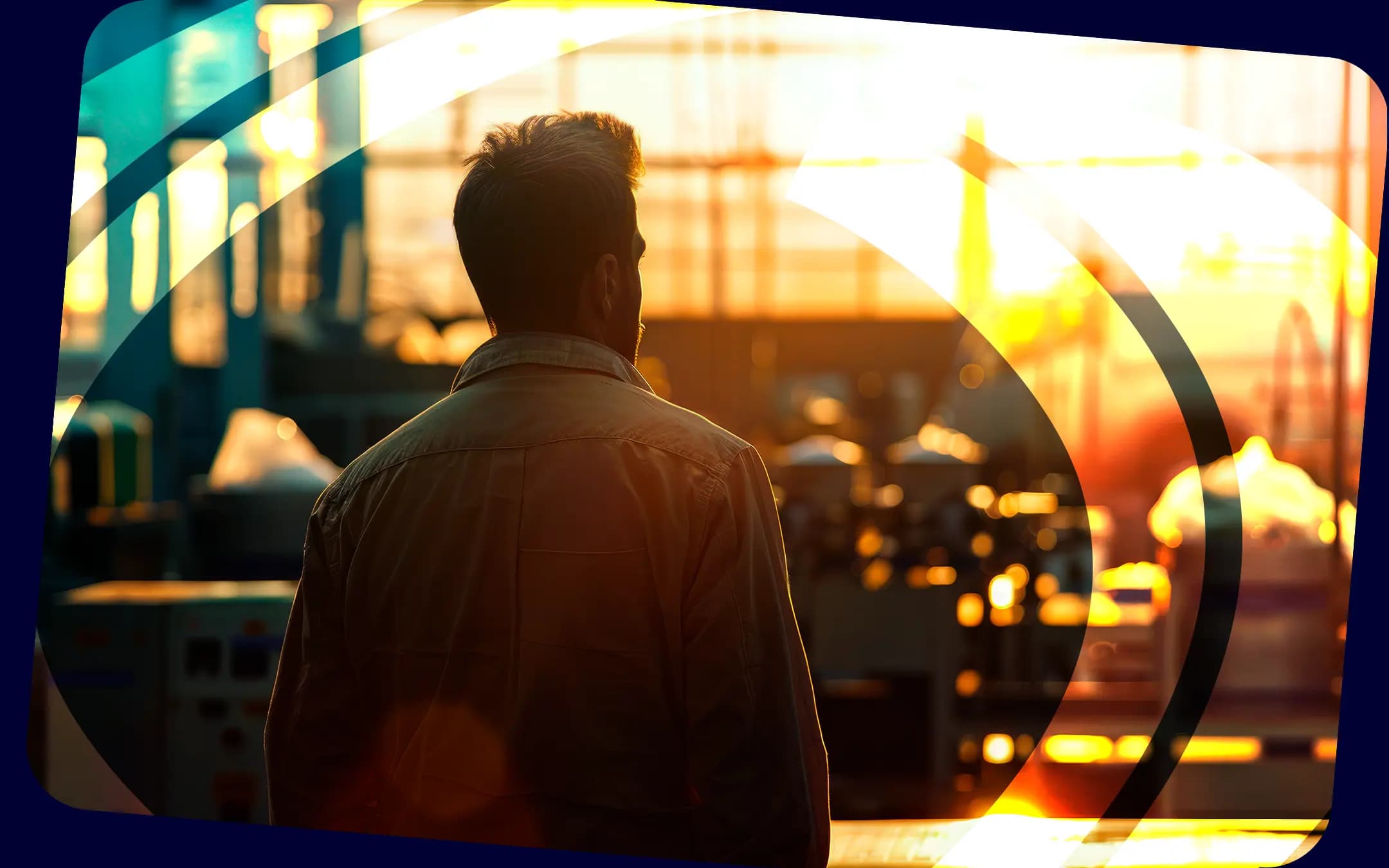Homem Olhando o pôr do sol em fábrica com o logo da ITSS sobreposto
