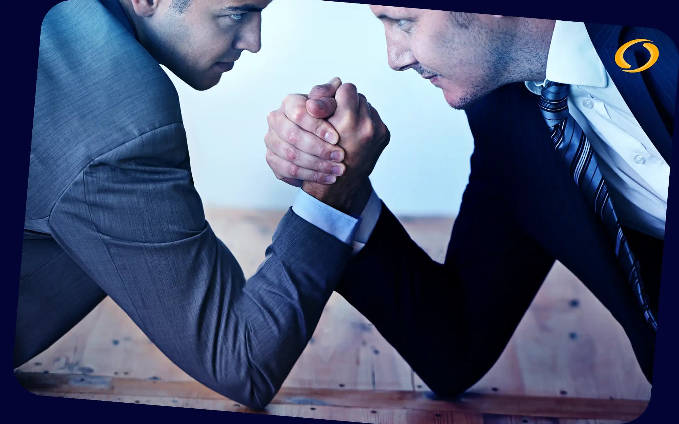 dois homens de terno em queda de braço representando tecnologia e negócios com a ausência de uma consultoria empresarial