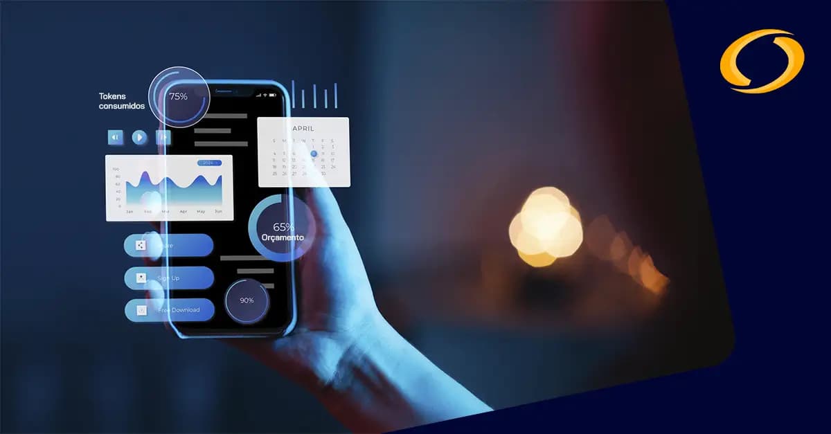 Smartphone com dashboard com gráficos de produtividade e consumo de tokens de IA