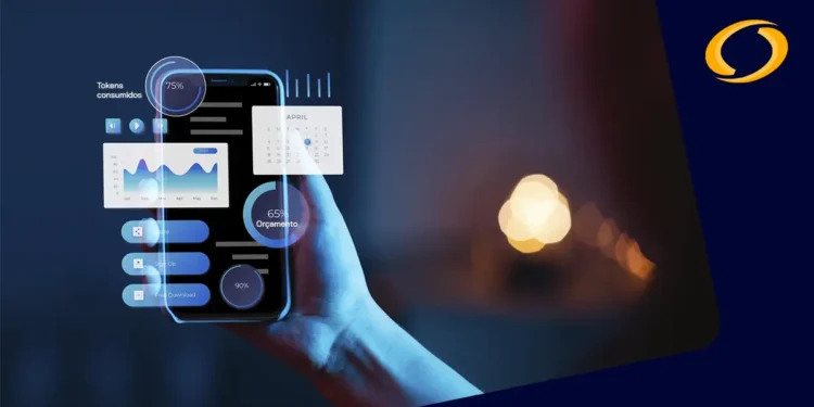 Smartphone com dashboard com gráficos de produtividade e consumo de tokens de IA